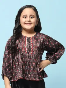Biba Girls Ethnic Motifs Printed Puff Sleeves A-Line Top