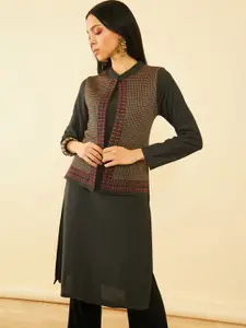 Soch Geometric Printed Pure Acrylic Straight Kurta With Jacket Overlay