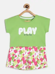 MINI KLUB Girls Typography Printed Pure Cotton Top With Shorts