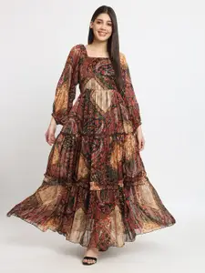 ISAM Multicoloured Floral Print Puff Sleeve Ruffled Chiffon Fit & Flare Maxi Dress
