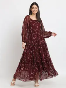 ISAM Maroon Floral Print Puff Sleeve Ruffled Chiffon Fit & Flare Maxi Dress