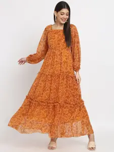 ISAM Ethnic Motifs Printed Puff Sleeve Ruffled Chiffon Tiered Maxi Dress