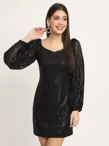 ISAM Black Embellished Off-Shoulder Puff Sleeve Net Bodycon Mini Dress