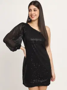 ISAM Black Embellished One Shoulder Puff Sleeve Net Bodycon Mini Dress