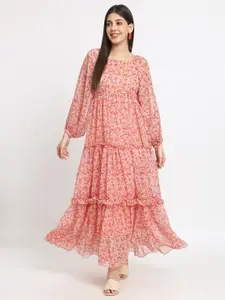 ISAM Pink Floral Print Puff Sleeve Ruffled Chiffon Fit & Flare Maxi Dress