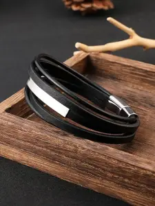 ZIVOM Men Leather Silver-Plated Multistrand Wraparound Bracelet