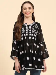 Growish Floral Embroidered Notched Neck Pleated A-Line Kurti
