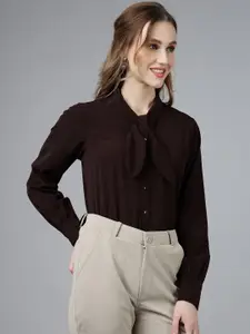 FITHUB Modern Tie-Up Neck Long Sleeve Regular Fit Cotton Formal Shirt