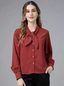 FITHUB Modern Tie-Up Neck Long Sleeve Regular Fit Cotton Formal Shirt