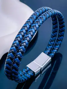 ZIVOM Men Blue & Silver-Toned Leather Silver-Plated Wraparound Bracelet