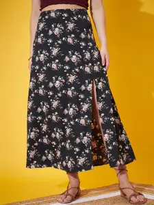 Berrylush Black Floral Printed High Rise Front Slit A-Line Midi Skirt
