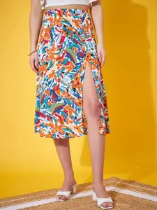 Berrylush Printed Thigh-Slit A-Line Midi Skirt