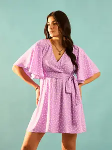 Berrylush Purple Printed Flutter Sleeve Wrap Mini Dress