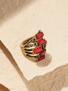SOHI Gold-Plated Stone & Stacked Studded Cocktail Ring