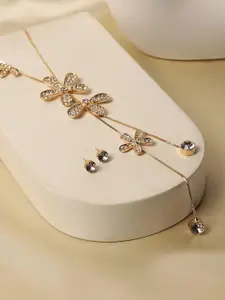 SOHI Gold-Plated Studded Designer Party Flower Drop Negligee Necklace
