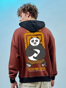 Bewakoof Brown Kung Fu Panda Printed Hooded Fleece Oversized Sweatshirt