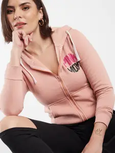 Campus Sutra Pink Typography Printed Hooded Cotton Front Open Sweatshirt