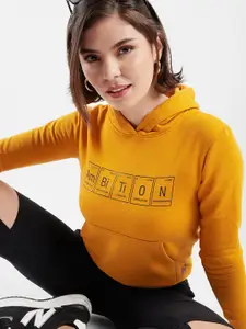 Campus Sutra Women Mustard Printed Hooded Sweatshirt