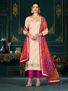 KALINI Beige & Pink Embroidered Pure Cotton Unstitched Dress Material