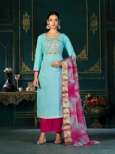KALINI Sea Green & Pink Embroidered Unstitched Dress Material