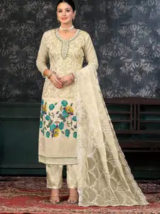 KALINI Floral Printed Beads and Stones Unstitched Dress Material