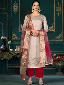 KALINI Beige & Red Embroidered Pure Cotton Unstitched Dress Material