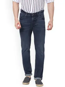 Celio Men Blue Tapered Fit Whiskers & Chevrons Clean Look Cotton Jeans