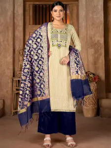 KALINI Beige & Blue Embroidered Unstitched Dress Material