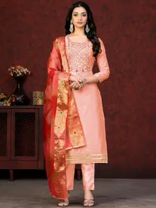 KALINI Peach-Coloured & Peach-Coloured Embroidered Unstitched Dress Material