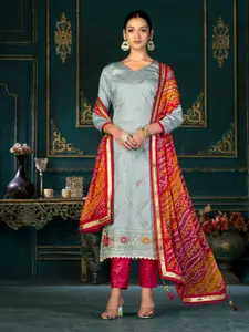 KALINI Grey & Red Embroidered Pure Cotton Unstitched Dress Material