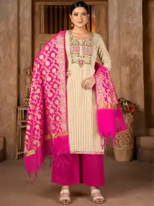 KALINI Beige & Pink Embroidered Unstitched Dress Material