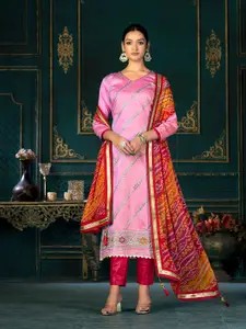 KALINI Pink & Red Embroidered Pure Cotton Unstitched Dress Material