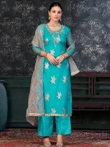 KALINI Teal & Blue Embroidered Organza Unstitched Dress Material