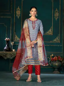 KALINI Multicoloured & Red Embroidered Pure Cotton Unstitched Dress Material