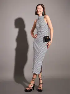 SASSAFRAS Black & White Striped Bodycon Midi Dress