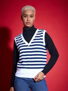 SASSAFRAS Women Navy Blue Striped Sweater Vest