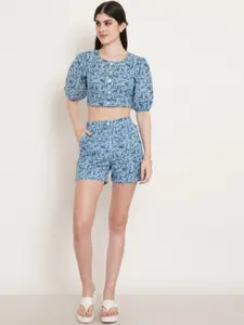 KALINI Printed Pure Cotton Crop Top & Short Co-Ords