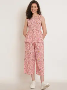 KALINI Floral Printed Pure Cotton Peplum Top With Trouser