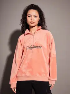 SASSAFRAS Peach-Coloured Typography Embroidered Mock Collar Sweatshirt