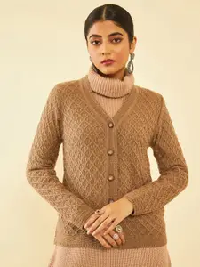 Soch Brown Cable Knit Self Design Acrylic Cardigan Sweater