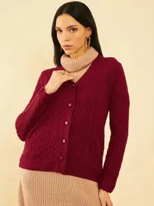 Soch Maroon Cable Knit Self Design Acrylic Cardigan Sweater