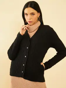 Soch Black Cable Knit Self Design Acrylic Cardigan Sweater