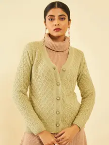 Soch Green Cable Knit Self Design Acrylic Cardigan Sweater
