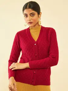 Soch Maroon Cable Knit Self Design Acrylic Cardigan Sweater