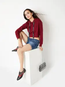 DressBerry Maroon Hooded Long Sleeves Cotton Crop Pullover Sweatshirt