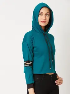 DressBerry Teal Blue Hooded Pure Cotton Crop Pullover Sweatshirt