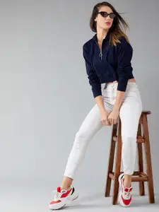 DressBerry Navy Blue Half Zipper Hooded Crop Pure Cotton Pullover Sweatshirt