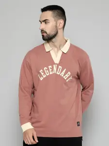 Maniac Typography Printed Polo Collar Long Sleeves Cotton Oversized T-shirt