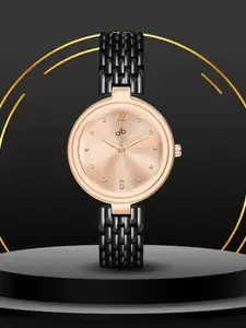 DressBerry Women Rose Gold-Toned Brass Embellished Dial & Black Stainless Steel Straps Analogue Watch