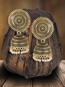 MEENAZ Gold-Plated Pearls Beaded Contemporary Jhumkas Earrings